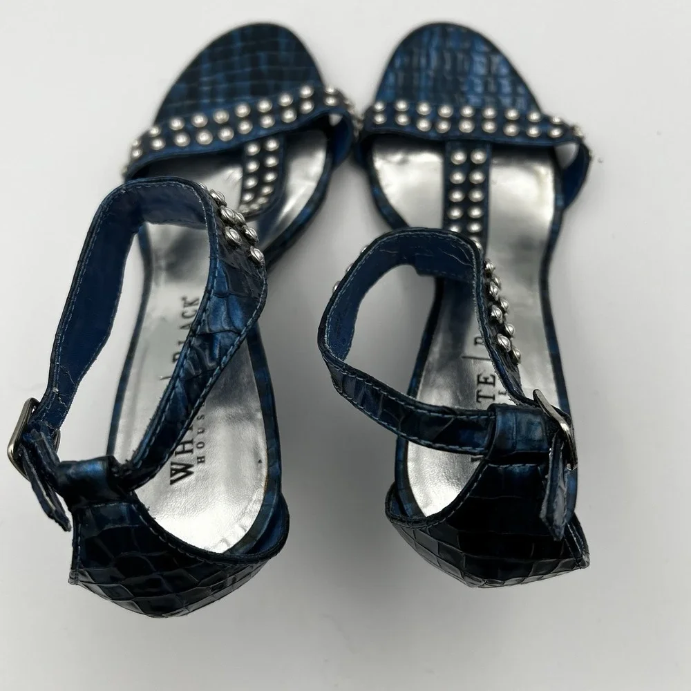 White House Black Market Paris Blue Studded Ankle Strap Wedges‎ Size 9.5